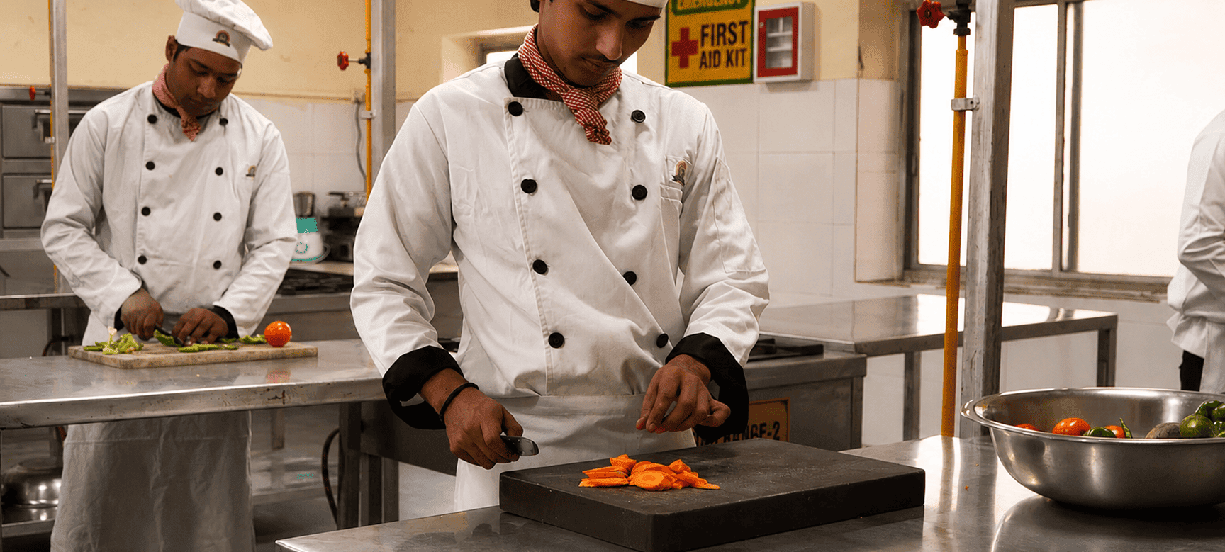 Students practicing culinary preparation in a training kitchen