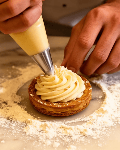 Hands decorating a pastry with a piping bag