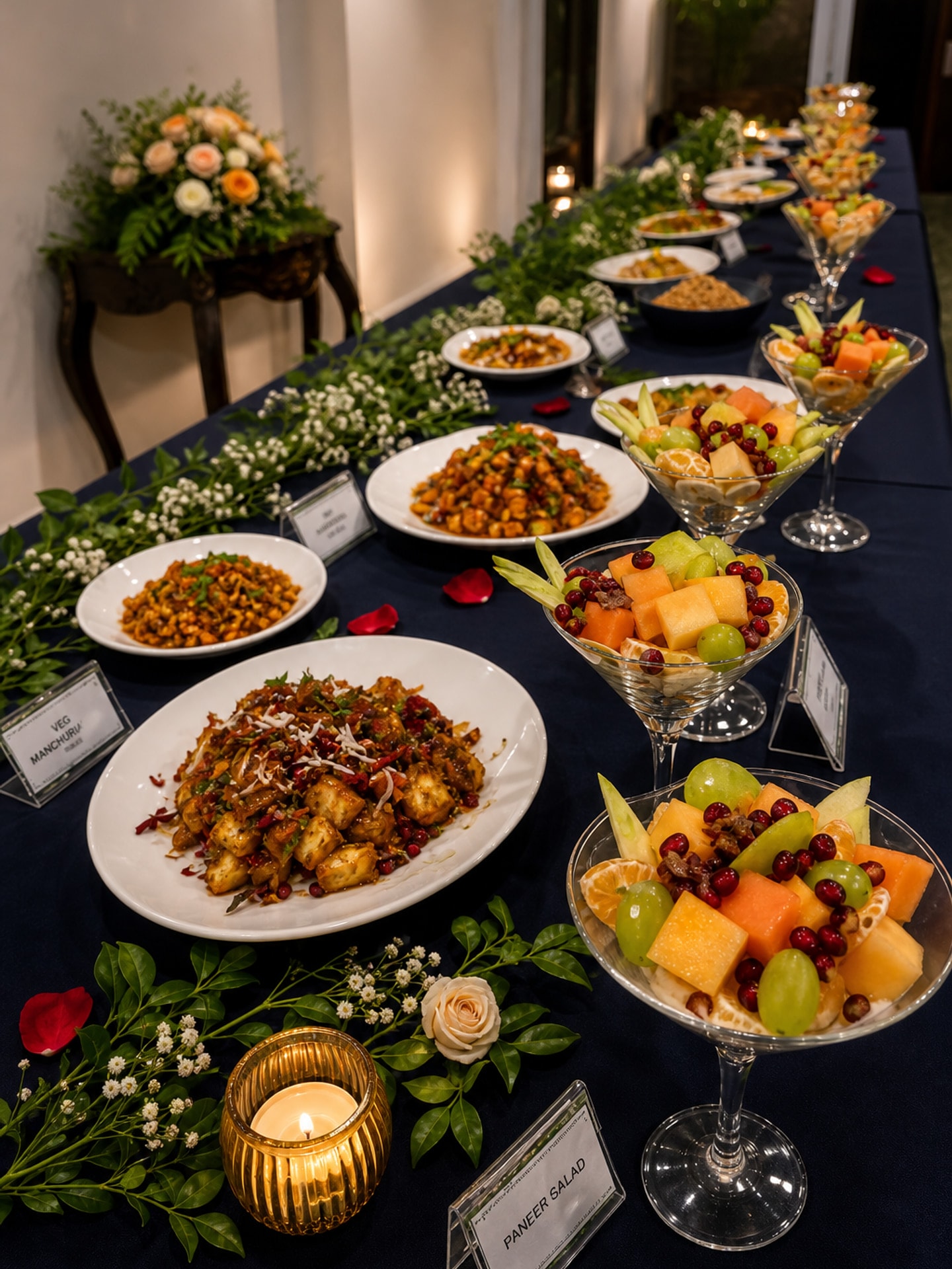Elegant banquet buffet table with fruit salads and plated dishes