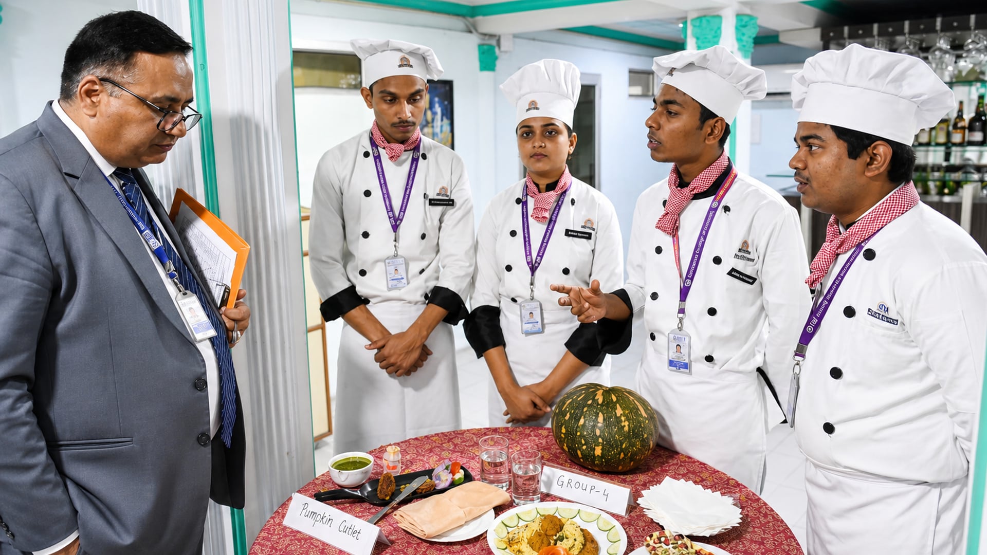 Culinary students presenting dishes for evaluation