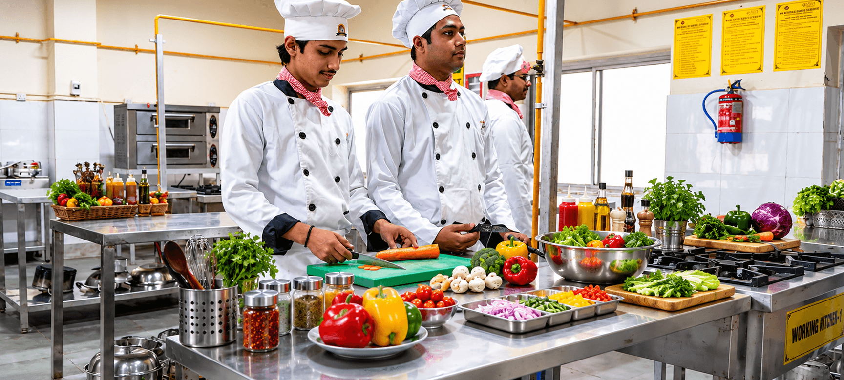Students training in a professional production kitchen