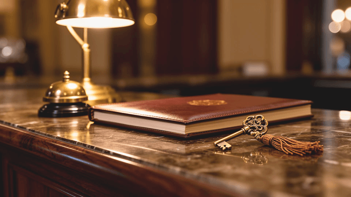 Hotel reception desk with service bell and guest register